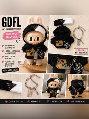 17CM Labubu Clothes Set Black Hoodie Headband Accessories Doll Outfit NWT